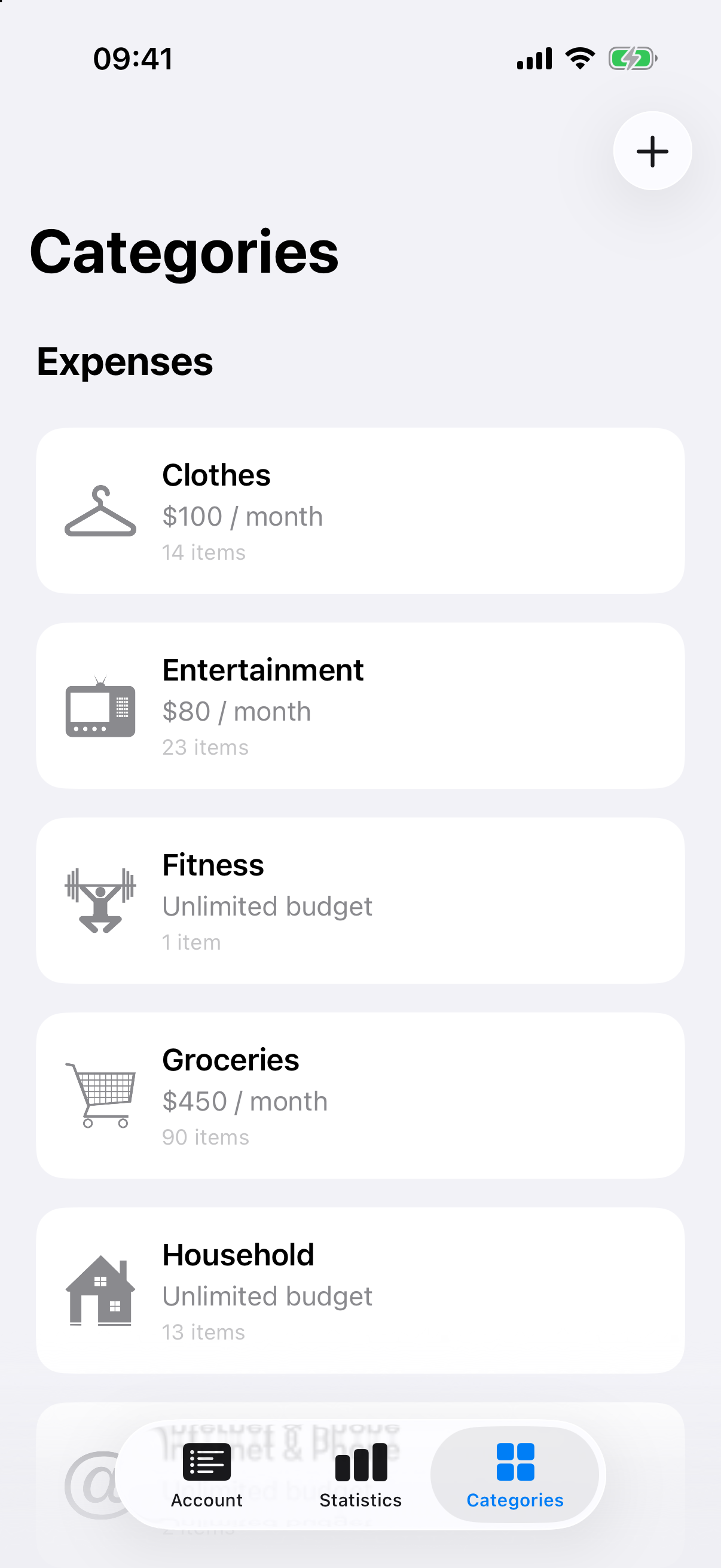 Treasurer categories with monthly budgets
